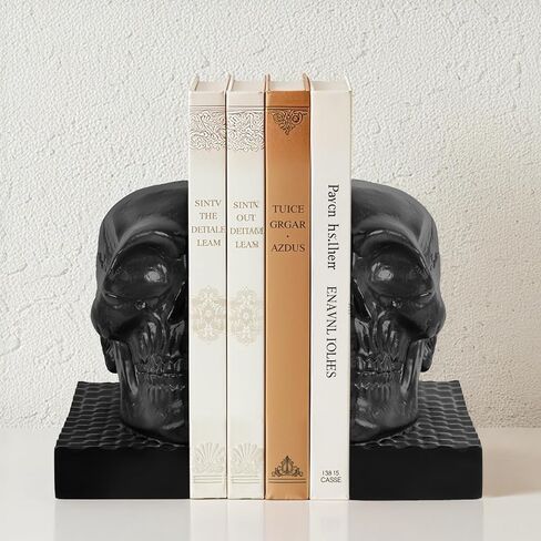 Skull Book Ends, Decorative Bookends for Shelves, Antique Gothic Style Skull Bookend Design Resin Skeleton Human Head Statue Halloween Décor (Black) in Saudi Arabia