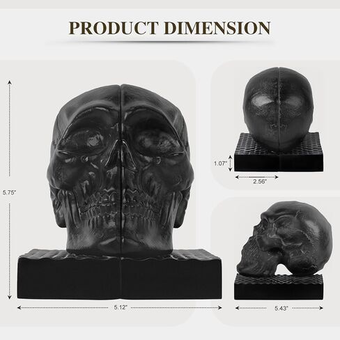 Skull Book Ends, Decorative Bookends for Shelves, Antique Gothic Style Skull Bookend Design Resin Skeleton Human Head Statue Halloween Décor (Black) in Saudi Arabia