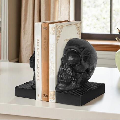 Skull Book Ends, Decorative Bookends for Shelves, Antique Gothic Style Skull Bookend Design Resin Skeleton Human Head Statue Halloween Décor (Black) in Saudi Arabia