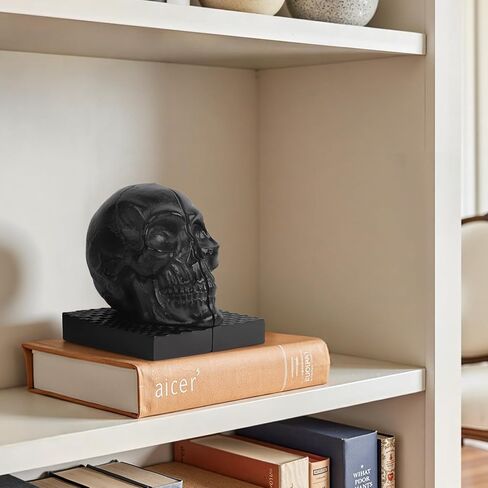 Skull Book Ends, Decorative Bookends for Shelves, Antique Gothic Style Skull Bookend Design Resin Skeleton Human Head Statue Halloween Décor (Black) in Saudi Arabia