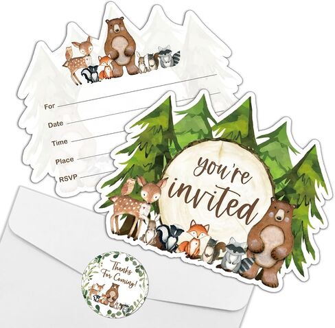REWIDPARTY Woodland Animals Party Invitation Cards with Envelopes & Stickers（Set of 15）Shaped Fill-in Invitations Party Supplies Favors for Birthday Baby Shower Party Celebration Cards for Kids Teens in Kuwait