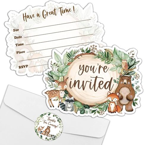 REWIDPARTY Woodland Animals Party Invitation Cards with Envelopes & Stickers（Set of 15）Shaped Fill-in Invitations Party Supplies Favors for Birthday Baby Shower Party Celebration Cards for Kids Teens in Kuwait
