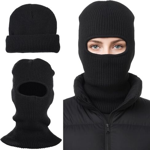 2 in 1 Balaclava Ski Mask Beanie, Winter Warm Knit Hat for Men Women, Foldable Polyester Trendy Beanie, Full Face Cover for Skiing, Cycling, Hiking, Cold Weather Outdoor Headwear Black in Saudi Arabia