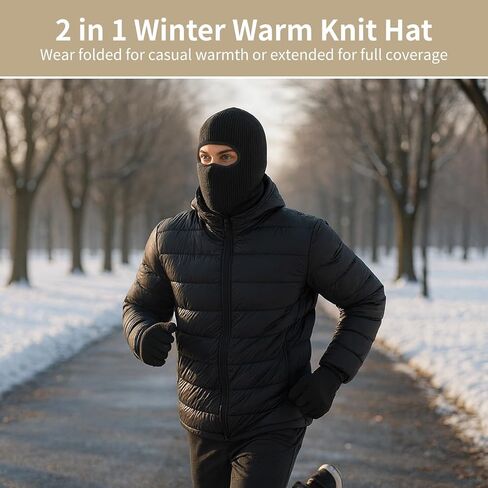 2 in 1 Balaclava Ski Mask Beanie, Winter Warm Knit Hat for Men Women, Foldable Polyester Trendy Beanie, Full Face Cover for Skiing, Cycling, Hiking, Cold Weather Outdoor Headwear Black in Saudi Arabia