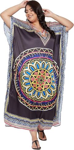 فستان قفطان طويل حريري حريمي من Oussum مقاس كبير فساتين قفطان ناعمة للشاطئ من الساتين ملابس سباحة لتغطية فستان طويل in Kuwait