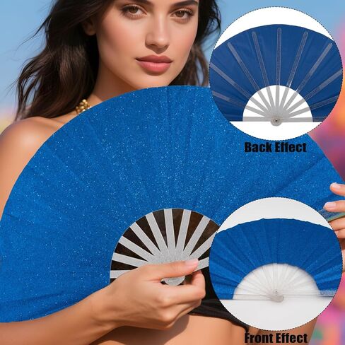 10PCS Large Handheld Rave Folding Fan for men/women,Foldable Decorative Fans,rave accessories,Used for Dance,Parties,Wedding,Music Festival, Decorations (Glitter Royal Blue) in Saudi Arabia