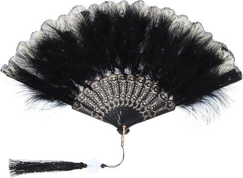 PATIKIL Embroidered Flower Marabou Feather Fan, 1920s Vintage Folding Handheld Fan Chinese Flapper Hand Fan for Costume Party Dancing Wedding Show Tea Decoration, Black in Saudi Arabia