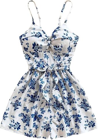 SHENHE Women's Summer Floral Romper Spaghetti Strap Smocked Belted Wide Leg Shorts Jumpsuit in Saudi Arabia