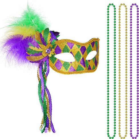 4Pcs Mardi Gras Mask Carnival Masquerade Mask with Mardi Gras Bead Necklace Mardi Gras Costume Accessories in Saudi Arabia
