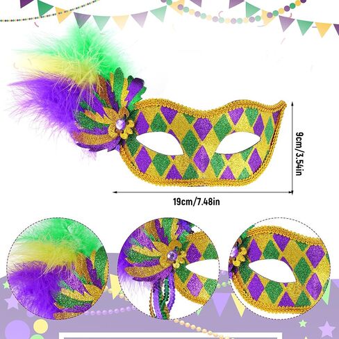 4Pcs Mardi Gras Mask Carnival Masquerade Mask with Mardi Gras Bead Necklace Mardi Gras Costume Accessories in Saudi Arabia