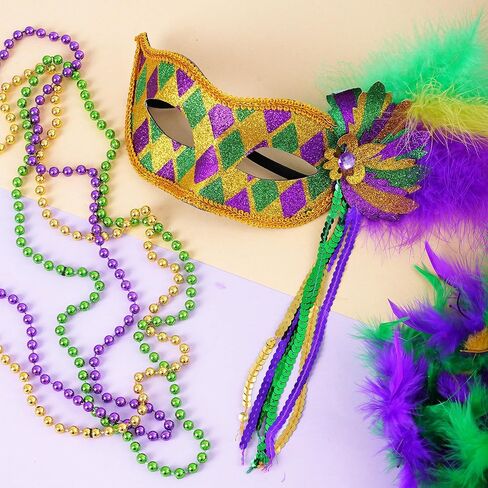 4Pcs Mardi Gras Mask Carnival Masquerade Mask with Mardi Gras Bead Necklace Mardi Gras Costume Accessories in Saudi Arabia