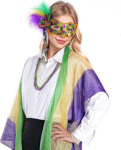 4Pcs Mardi Gras Mask Carnival Masquerade Mask with Mardi Gras Bead Necklace Mardi Gras Costume Accessories in Saudi Arabia