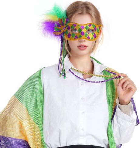 4Pcs Mardi Gras Mask Carnival Masquerade Mask with Mardi Gras Bead Necklace Mardi Gras Costume Accessories in Saudi Arabia