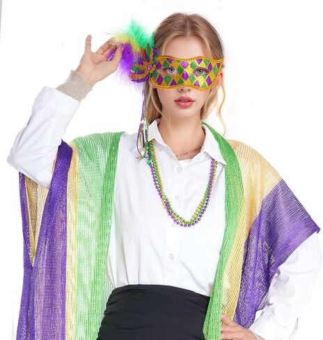 4Pcs Mardi Gras Mask Carnival Masquerade Mask with Mardi Gras Bead Necklace Mardi Gras Costume Accessories in Saudi Arabia