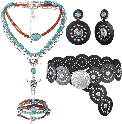 4 Pcs Western Cowgirl Outfit Accessories for Women Turquoise Jewelry Sets Layered Necklace Bracelets Vintage Earrings Belts for Country Concert Party Decoration in Saudi Arabia
