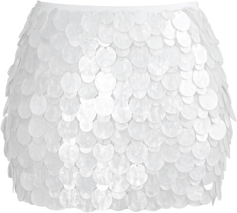 C'SHIN EXX Women’s White Paillette Mini Skirt – Shell Acrylic Disc Skirt, Y2K Festival & Party Mini Skirt, Streetwear Skirt in Saudi Arabia