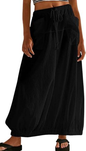 Cargo Skirts for Women Elastic Waist Drawstring Casual Trendy Y2k Baggy Parachute Maxi Skirts with Pockets in Saudi Arabia