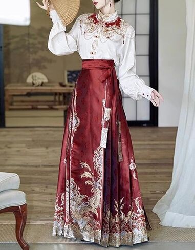 Women's Horse Face Skirt Pleated Tie Up A-Line Long Printing Skirt Costume Ming Dynasty Chinese Traditional Hanfu in Saudi Arabia