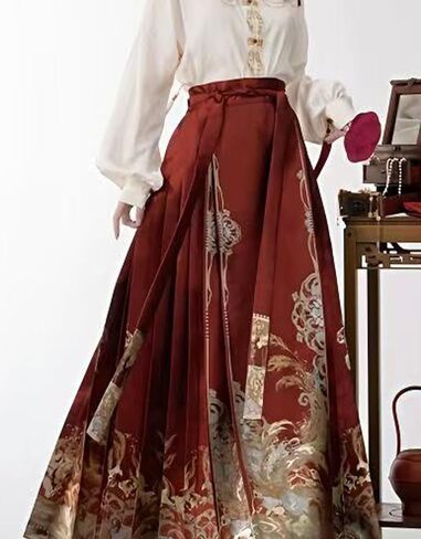 Women's Horse Face Skirt Pleated Tie Up A-Line Long Printing Skirt Costume Ming Dynasty Chinese Traditional Hanfu in Saudi Arabia