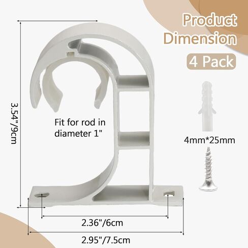 4 Pack Ceiling Curtain Rod Brackets, Aluminum Alloy Ceiling Mount Hooks for 1" Drapery Rods, Curtain Pole Supports Holders for Bedroom Living Room (White) in Saudi Arabia