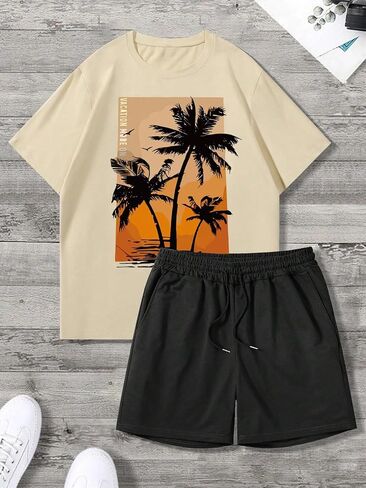 Men's Plus Size 2 Piece Summer Outfits Tropical Crew Neck T Shirts and Shorts Track Suit in Saudi Arabia