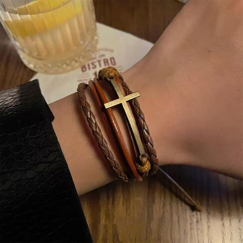 Christian Cross Leather Wrap Bracelets for Women Men Religion Cross Multi-layered Bracelets in Kuwait