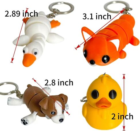 TIME&TRAVE 4-Pack 3D Printed Animal Keychains, Articulated Fox Dog Duck Goose Set with Movable Joints, Poseable Collectible Figure for Backpack Bag Zip Pull, Gift for Animal Lovers in Saudi Arabia