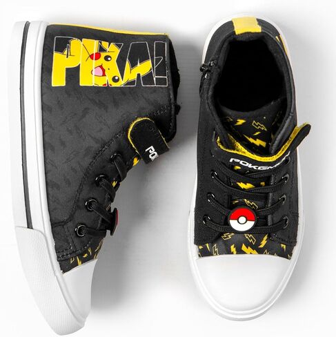 Pokémon Pikachu Boys High-Top Trainers with Hook and Loop Strap | Pika Kids Black Yellow Lightning Bolt Footwear in Saudi Arabia
