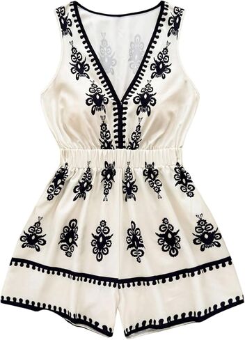 MakeMeChic Women's Summer Short Romper Graphic Deep V Neck Sleeveless Wide Leg Jumpsuit in Saudi Arabia