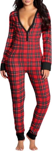 Women Butt Button Back Flap Jumpsuit Pajamas V-Neck Button Down Long Sleeve One Piece Bodysuit Rompers Sleepwear in Saudi Arabia