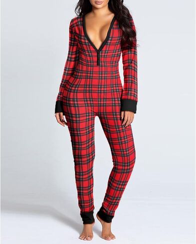 Women Butt Button Back Flap Jumpsuit Pajamas V-Neck Button Down Long Sleeve One Piece Bodysuit Rompers Sleepwear in Saudi Arabia