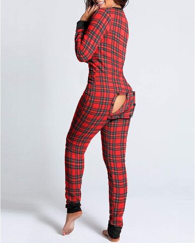 Women Butt Button Back Flap Jumpsuit Pajamas V-Neck Button Down Long Sleeve One Piece Bodysuit Rompers Sleepwear in Saudi Arabia