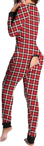 Women Butt Button Back Flap Jumpsuit Pajamas V-Neck Button Down Long Sleeve One Piece Bodysuit Rompers Sleepwear in Saudi Arabia