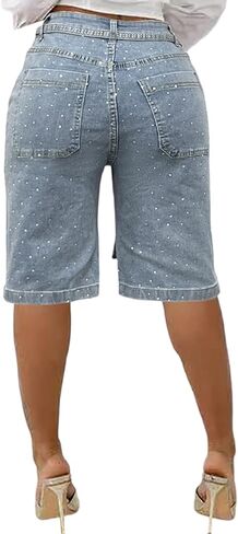 Women's Rhinestone Denim Shorts Casual Stretchy High Waisted Bermuda Jean Shorts with Belt Y2K Streetwear in Saudi Arabia