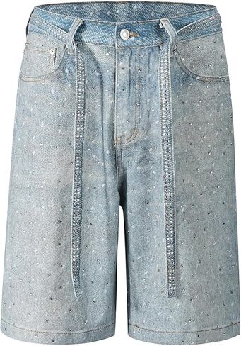 Women's Rhinestone Denim Shorts Casual Stretchy High Waisted Bermuda Jean Shorts with Belt Y2K Streetwear in Saudi Arabia