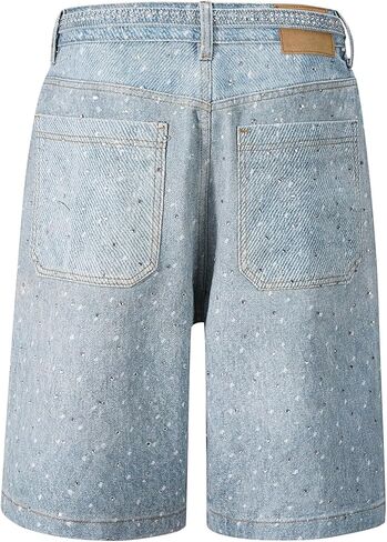 Women's Rhinestone Denim Shorts Casual Stretchy High Waisted Bermuda Jean Shorts with Belt Y2K Streetwear in Saudi Arabia