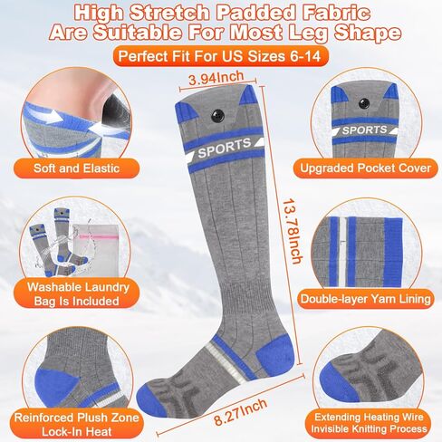 جوارب ساخنة للنساء والرجال، تحكم عن طريق التطبيق للرياضات الشتوية والمشي لمسافات طويلة والتزلج (رمادي-أزرق ستيل) in Kuwait