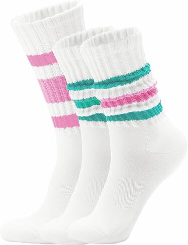 Retro Striped Slouchy Crew Socks for Men & Women 3 Pairs Cotton Athletic Tube Cushioned Calf Tennis Socks Size 5–11 in Saudi Arabia