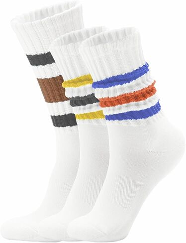 Retro Striped Slouchy Crew Socks for Men & Women 3 Pairs Cotton Athletic Tube Cushioned Calf Tennis Socks Size 5–11 in Saudi Arabia