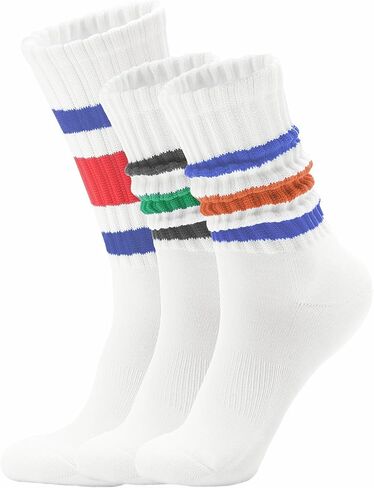Retro Striped Slouchy Crew Socks for Men & Women 3 Pairs Cotton Athletic Tube Cushioned Calf Tennis Socks Size 5–11 in Saudi Arabia