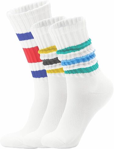 Retro Striped Slouchy Crew Socks for Men & Women 3 Pairs Cotton Athletic Tube Cushioned Calf Tennis Socks Size 5–11 in Saudi Arabia