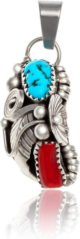 $230Tag Flower Silver Certified Navajo Native Natural Turquoise Coral Pendant 26211-1 Made By Loma Siiva in Saudi Arabia
