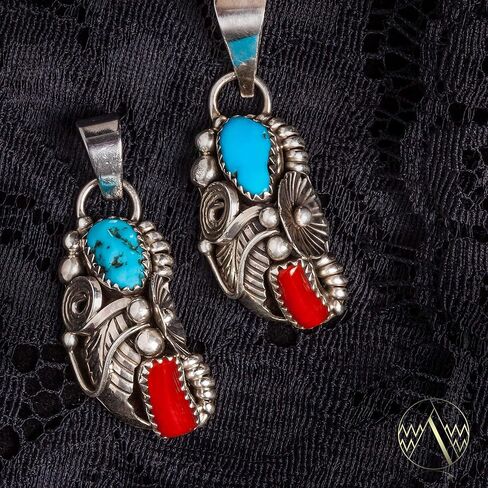 $230Tag Flower Silver Certified Navajo Native Natural Turquoise Coral Pendant 26211-1 Made By Loma Siiva in Saudi Arabia