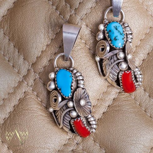 $230Tag Flower Silver Certified Navajo Native Natural Turquoise Coral Pendant 26211-1 Made By Loma Siiva in Saudi Arabia