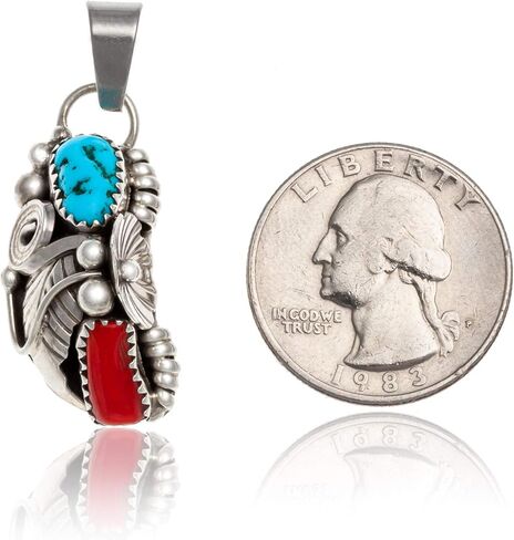 $230Tag Flower Silver Certified Navajo Native Natural Turquoise Coral Pendant 26211-1 Made By Loma Siiva in Saudi Arabia
