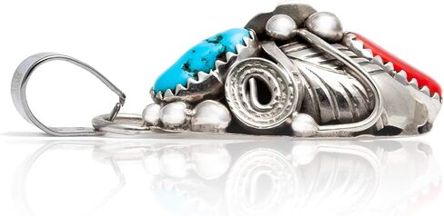 $230Tag Flower Silver Certified Navajo Native Natural Turquoise Coral Pendant 26211-1 Made By Loma Siiva in Saudi Arabia