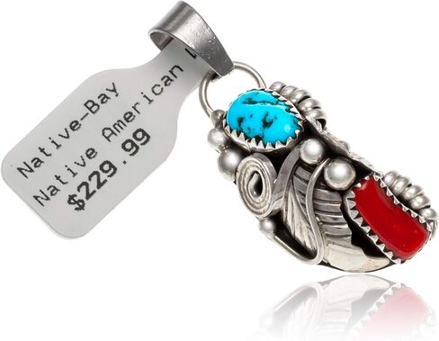 $230Tag Flower Silver Certified Navajo Native Natural Turquoise Coral Pendant 26211-1 Made By Loma Siiva in Saudi Arabia