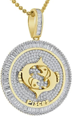 VVS1/D 4.55 Ctw. 14k Solid Yellow Gold Bonded Baguette/Round Cut Lab Grown Diamonds Zodiac Lucky Birth Sign Symbol Astrology Horoscope Pendant Charm Chain Neckless Set Unisex in Kuwait