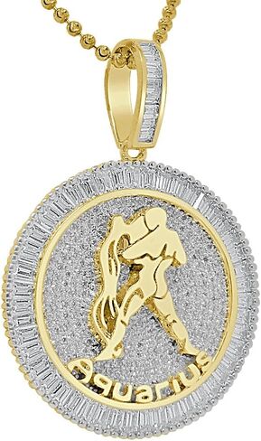 VVS1/D 4.55 Ctw. 14k Solid Yellow Gold Bonded Baguette/Round Cut Lab Grown Diamonds Zodiac Lucky Birth Sign Symbol Astrology Horoscope Pendant Charm Chain Neckless Set Unisex in Saudi Arabia
