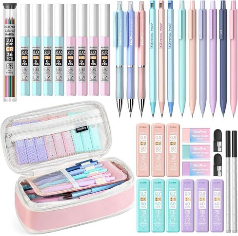 Nicpro 38PCS Aesthetic School Supplies, 12 Cute Mechanical Pencils 0.5 & 0.7 & 0.9 & 2.0 mm with 18 Tubes Lead Refills, Pastel Mechanical Pencil Set for Women Girls Writing Drawing Drafting- Pink Case in Saudi Arabia